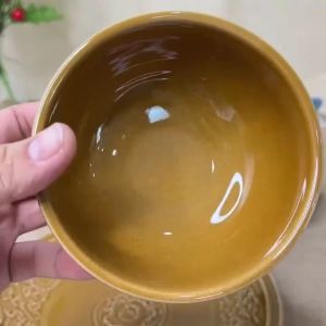 ถ้วยชาม เซรามิค เซรามิกเข้าไมโครเวฟได้ จาน ชาม ถ้วย ช้อน ลายไทยดอกพุดตาน สีน้ำตาลทอง