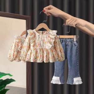 Girls Floral Denim Outfit Set Spring Autumn New Style Baby Clothes Korean Version Two-Piece Cotton Traditional Chinese Costume