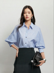 Vero Moda | Áo Sơ Mi Cổ Đứng Dáng Batwing Sọc Đối Chiếu Cotton Nguyên Chất Mới Thu