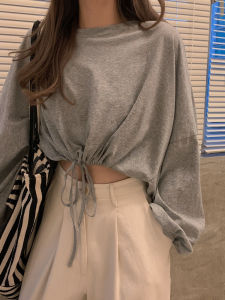 Loose Fit Long Sleeve Drawstring Jazz Style Womens T-shirt Belly Button Baring Dancing Clothes Sweet Spicy Girl Top Autumn