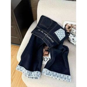 High Waist Wide Leg Denim Pants Womens Loose Straight Long Trousers Butterfly Knot Plaid Splicing American Style Jeans