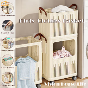 Vision 1/2 Layer Folding Laundry Basket Movable Laundry Hamper Large-Capacity Dirty Clothes Basket with HandleBathroom Clothes Storage Rack with Wheel Sundries Storage Trolley