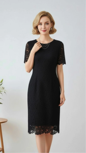 เดรสลูกไม้ คอกลมแขนสั้น ลายดอกไม้