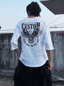 American Retro Ameika T-Shirt Men Pure Cotton Loose Shoulder Motorcycle Style Japanese Trendy INS Brand Seven Sleeve T-Shirt