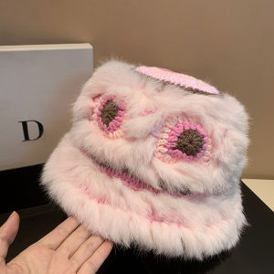 Warm Knitted Lion Wake up Hat Womens Autumn Winter Fashionable Bucket Hat Small Face Effect Rabbit Fur Mixed Fisherman Hat
