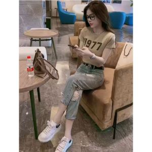 สไตล์เรโทร ล้างสีน้ําเงิน เดนิม กางเกงยีนส์ ผู้หญิง สูง เอว ท่อตรงบาง กางเกง ยาว กางเกงขายาว ฤดูร้อน รูแฟชั่น ดีไซน์