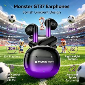 Monster | Monster GT37 Gradient Color Earphones True Wireless BT 6.0 Headsets TWS HD Music With Microphone Noise-Canceling Headphones