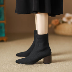 SHIPAILUO | รองเท้าบูทผู้หญิงทรงสั้นถักนิตติ้งผ้าฝ้ายทรงแหลม หัวเข็มขัด รองเท้าบูทส้นสูงสำหรับฤดูใบไม้ผลิและฤดูใบไม้ร่วง