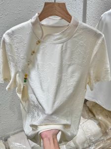 New Chinese Style Stand Collar Embroidered Lace Base Shirt T-Shirt Women Summer High End Sensation National Style Buttoned Chiffon Lightweight Top
