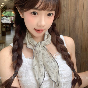 ผ้าพันคอสามเหลี่ยมลายดอกไม้สไตล์เกาหลี สไตล์หวานและศิลปะ ผ้าพันคอฤดูร้อนบาง ผ้าพันคอสีน้ำเงินอเนกประสงค์ ผ้าพันคอขนาดเล็ก