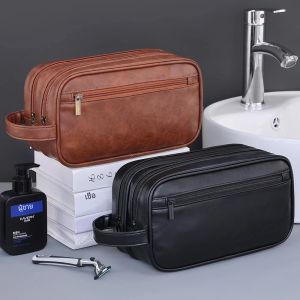 Double-Layer กระเป๋าสําหรับชาย PU หนัง Travel Wash Organizer Dopp ชุดกันน้ําโกนหนวดกระเป๋าเครื่องสําอาง Storage