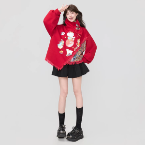 KEIKO | Áo Hoodie Nữ In Hình Sân Khấu Vải Flannel Phong Cách Trung Quốc Cắt Xéo Xếp Ly