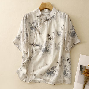 Elegant Light Weight Short Sleeve Shirt Womens Summer New Chinese Style Pleated Texture Embroidery Print Casual Business Top