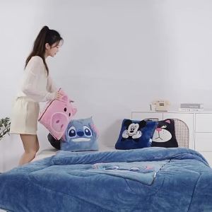 Stitch โยนหมอนผ้าห่ม Two In One Kawaii Flannel หมอนหนา Nap ผ้าห่มห้องนั่งเล่นตกแต่งน่ารัก Bedroom