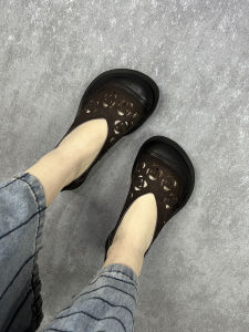 round Head Hollow out Slip-On Flower Doll Lazy Womens Sandals Comfortable Low Heel Casual Rubber Bottom Leather Shoes