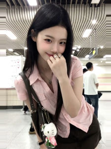 GUANSHU | Pink Short Sleeve Shirt Womens Fashionable Slim Fit Button Up Top Sweet Japanese Style Cotton 100% Summer New Arrival