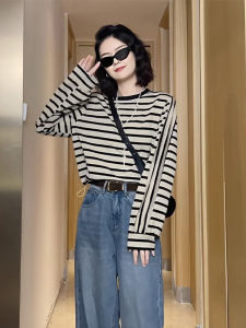 Slimming Effect Long Sleeve Loose Fit Shoulder T-Shirt Womens Spring Autumn Fashion Design Horizontal Stripes Sweatshirt