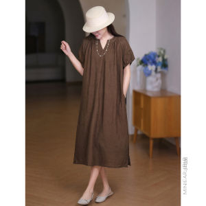 XIAOER | Pleated Bell Sleeve Lace Trim V-Neck Linen Dress