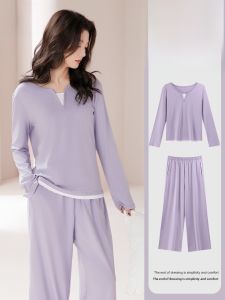Miiow | Pure Cotton Sleepwear Set Womens Long Sleeve Long Pants Home Clothes V-neck套头式纯色大码宽松舒适春夏秋适用