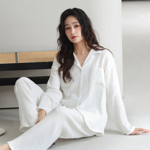 miiow | Pure Cotton Sleepwear Long Sleeve Woven Double Layer Cotton Gauze Womens Style Cat Person Home Clothes Wave Pleat Design