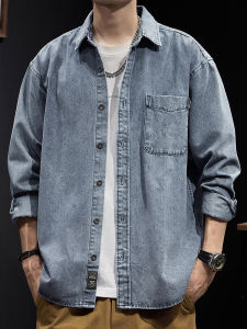 เสื้อเชิ้ตผู้ชายยีนส์แขนยาวสไตล์ย้อนยุค สวมใส่สบาย ผ้าฝ้ายผสม ปกติ คอกลม กระดุม สีน้ำเงิน สไตล์อเมริกัน