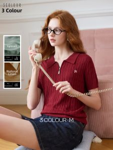 3COLOUR·S | Tencel Linen Polo Collar Knitted Top
