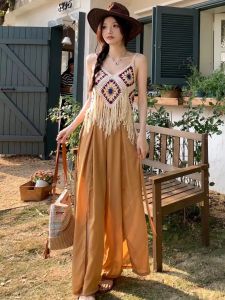 Bohemian Tassel Travel Set Original Ethnic Style V-Neck Polyester Long Pants Fashion Set for Women 18-25 Years Old Summer