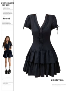 Váy Ngắn Tay Cổ Chữ V Kiểu Pháp Cho Nữ Mùa Hè Váy Chữ a Cạp Cao Dáng Ôm Váy Ngắn Chất Liệu Khác Màu Trơn Khóa Kéo