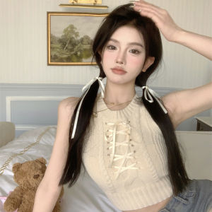 American Knitted Short Vest Women Summer Outerwear Inner Match Slim Sleeveless Pure Desire Wind Tie Girl Hot Top Trendy