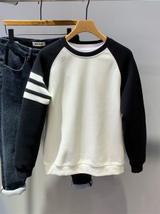 Autumn Fashionable Mens Overhead Sweatshirt Color Block Long Sleeve Casual round Neck Stripe Patterned Streetwear Style Top
