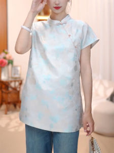QINGNAER | Loose Fitting Traditional Chinese Style Blouse with Mandarin Collar and Button Loop Short Sleeve