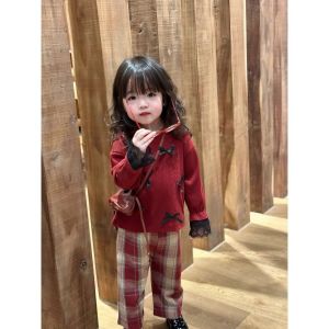 Set đồ cho bé bộ đồ áo len tay phối ren mix nơ kèm quần dạ kẻ siêu xinh cho bé - Happy Life 4U