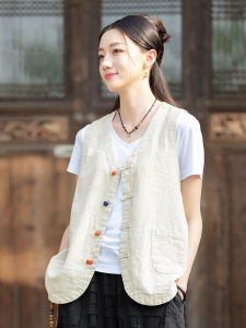 New Chinese Style Womens Vest Spring Autumn Cotton Linen Sleeveless Shoulder Pad Artistic Button up Outerwear Tank Top