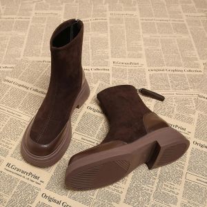 Retro Martin Boots Womens Autumn Winter Thick Bottom Elastic Slim Short Boots Genuine Leather High Heel Rubber Outsole