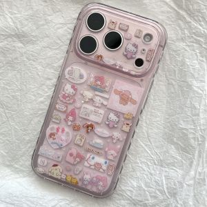 Sanrio | Cute Transparent Pink KT Stickers Phone Case For iPhone 17 Pro Max 14 Pro 15 Pro Max 16 Pro Max With Bracelet Shockproof Cover