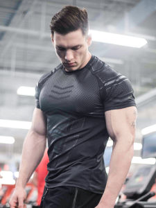 Mens Fitness Running Tight Shirt Quick Dry Short Sleeve Sportswear Training Clothing Breathable Polyester Elastic Fiber