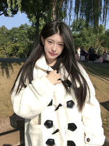 เสื้อโค้ทขนแกะหนาสำหรับผู้หญิง ฤดูใบไม้ร่วง/ฤดูหนาว สีขาว ขนาดเล็ก ยาวปานกลาง เสื้อคลุมกันหนาวมีฮู้ด สไตล์นักศึกษา