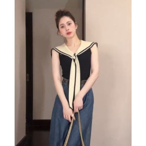 YUEZHONGWEI | Áo thun tay ngắn cổ chữ V màu đen Pháp cho nữ mùa hè Áo vest không tay ôm vừa vặn gợi cảm Ice Silk Knitted Vest