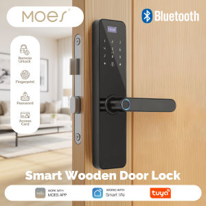 MOES Bluetooth Smart Wooden Door Lock - Fingerprint Keycard PIN Remote Control Tamper Alarm Battery Powered with Screen