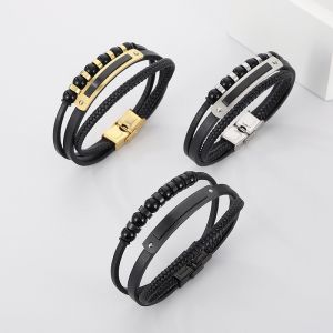 เครื่องประดับทำมือลูกปัดโลหะทรงเรขาคณิตสำหรับผู้ชายลายถักกำไลข้อมือหนังหลายชั้น Kemstone