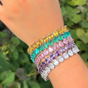 SEQUITO Elegant Wrist Jewelry Inlay Multicolor Oval Cut AAA Cubic Zircon Silver Plated Charming Charm Bracelet for Women Clothing Accessories B305