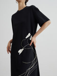 Black Embroidered Print Chinese Style Casual T-shirt Dress Short Sleeve