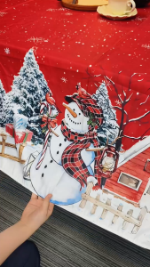 Christmas Tablecloth 2-10seater Rectangular Winter Snowman Trees Red Washable Seasonal Table Cover for Home Decor Party Picnic Dinner Decoration