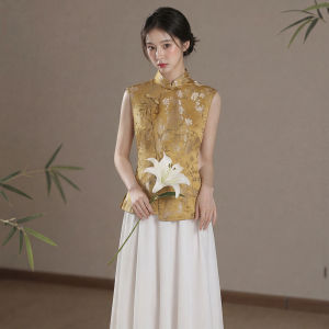 New Chinese Style Yellow Embroidered Sleeveless Dress Female Spring Summer New Design Elegant Pseudo Two Pieces