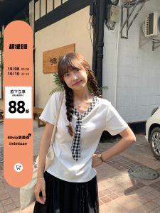 Summer New Retro Simple Design Commute V-neck Short Sleeve T-shirt Classic Plaid Collar Casual Style Womens Cotton Blend Top