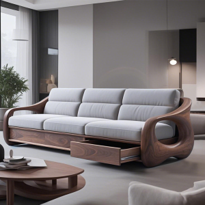 High-End Black Walnut Living Room Sofa New Style Home Villa Leather Straight Row Solid Wood Sofa Middle-Aged Style Artistic