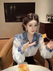 Elegant Luxury Slimming Blue Shirt with 3D Flowers