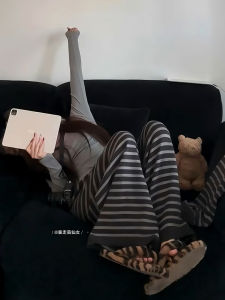 Long High Waist Wide Leg Pants Korean Style Horizontal Stripes Floor-Length Lazy Style Womens plus Size Trousers