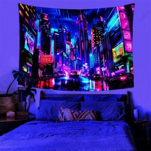Cyberpunk City Neon Fluorescent UV Tapestry Future Inspiration Wall Art Decoration Bedroom Wall Hanging Party Decoration