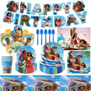 Moana Birthday Party Decoration Set Disposable Paper Plates Cups Tablecloth Banner Dining Utensils Arrangement Ocean Magic